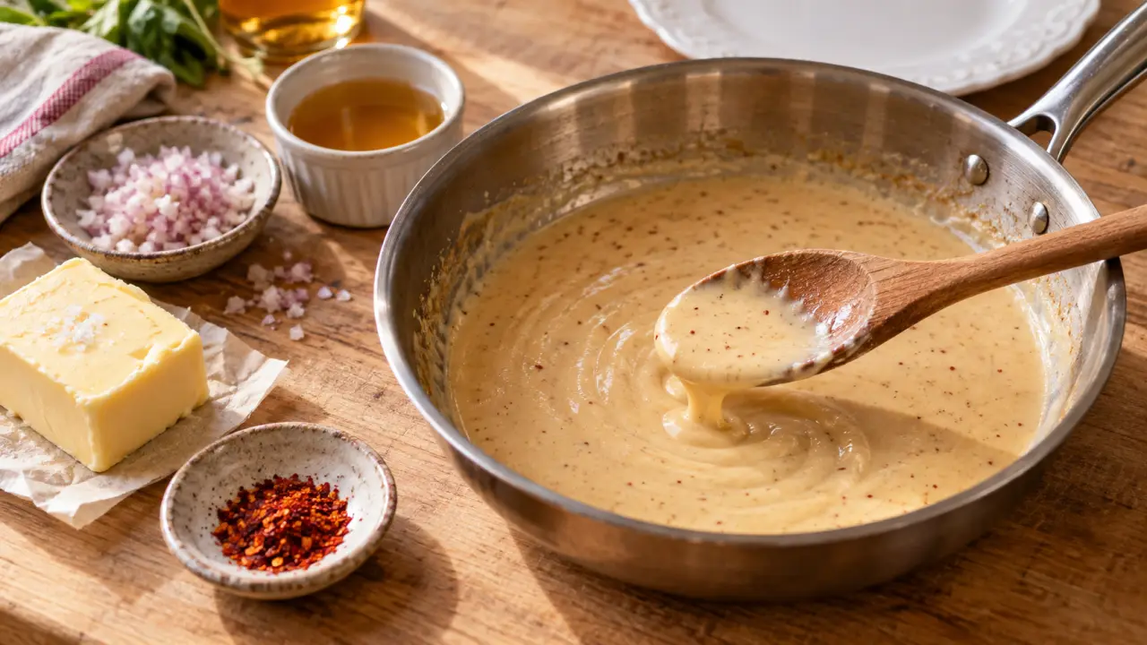 Sauce au cidre crémeuse nappant une cuillère en bois