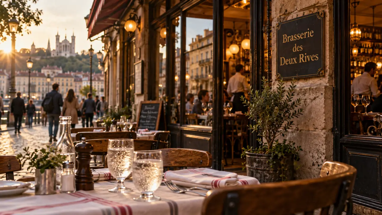 Brasserie des Deux Rives : table en terrasse sur la rue Mercière, Lyon