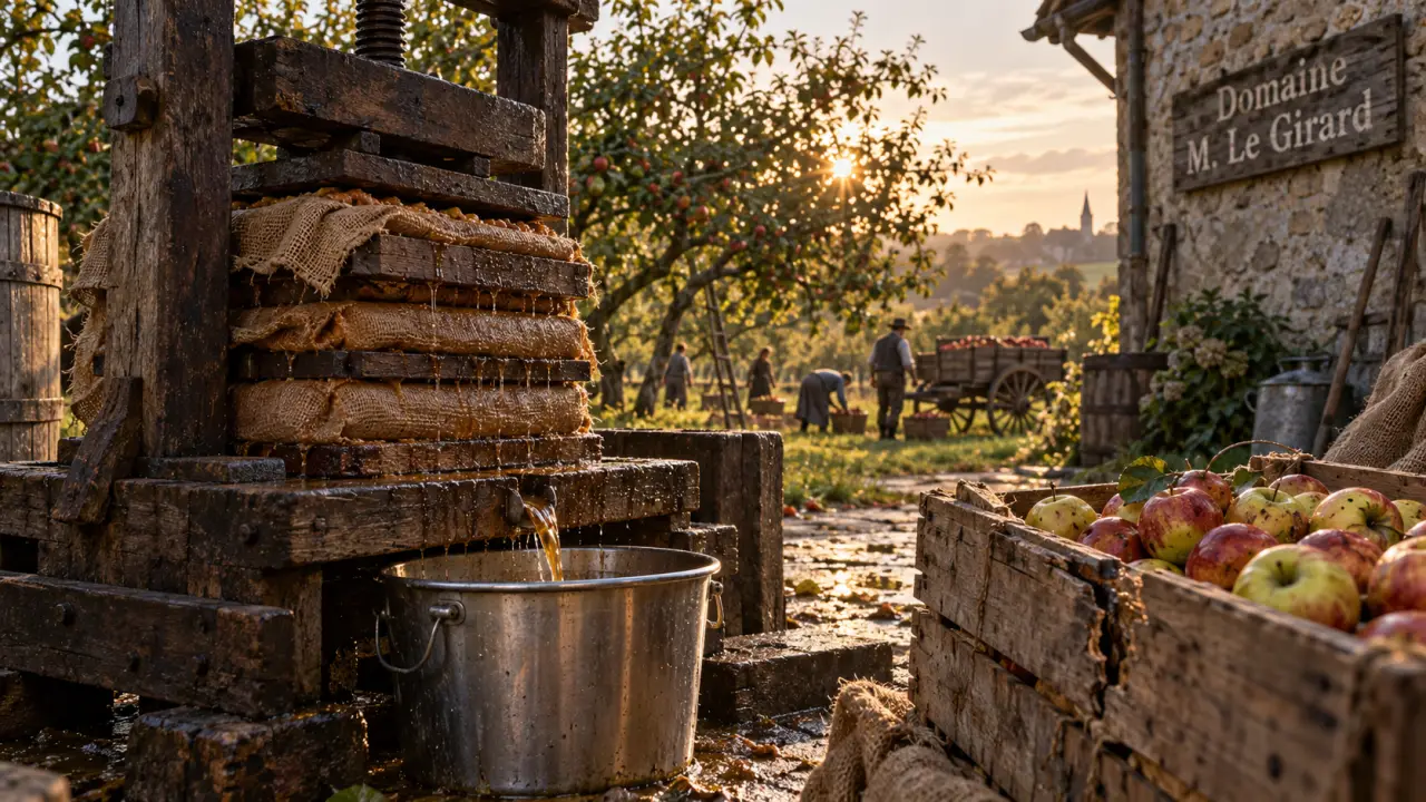 La cidrerie normandie philippe Leroy : presse à moût et pommes normandes au verger près de Granville