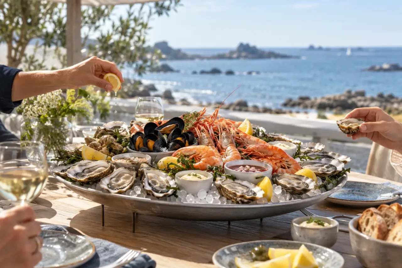 Chez Jaouen dégustation de fruits de mer sur une terrasse face à la mer