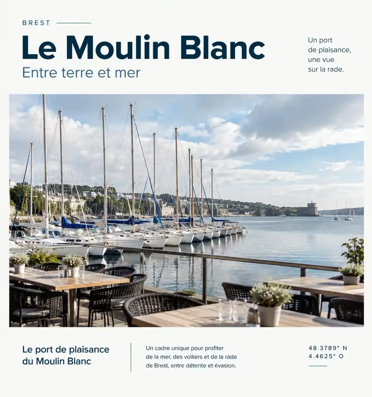 Brasserie port de Brest : terrasse face aux voiliers du port de plaisance du Moulin Blanc