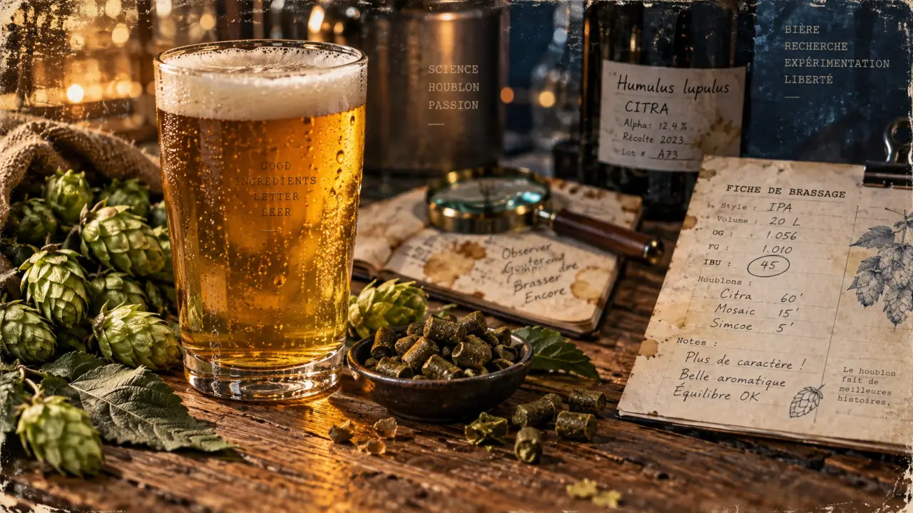 Houblon bière, amertume et arômes : cônes et bière dorée