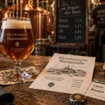 microbrasserie normandie : bière ambrée et fiche “Microbrasserie Normandie”