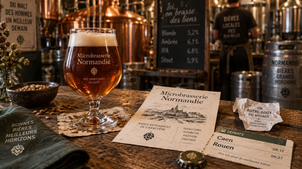 microbrasserie normandie : bière ambrée et fiche “Microbrasserie Normandie”