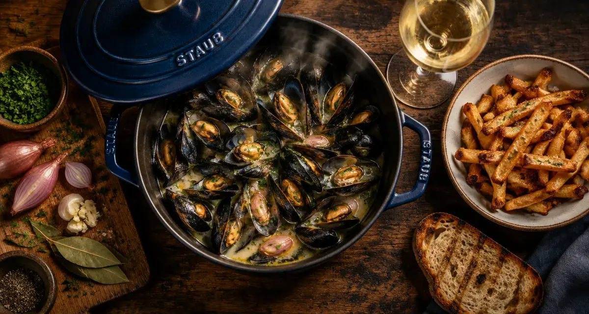 Moules au vin blanc en cocotte, échalotes et persil, vin sec