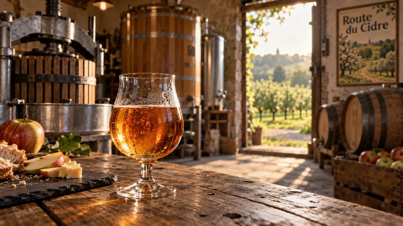 Visite d'une cidrerie en Normandie : verre de cidre ambré sur la Route du Cidre